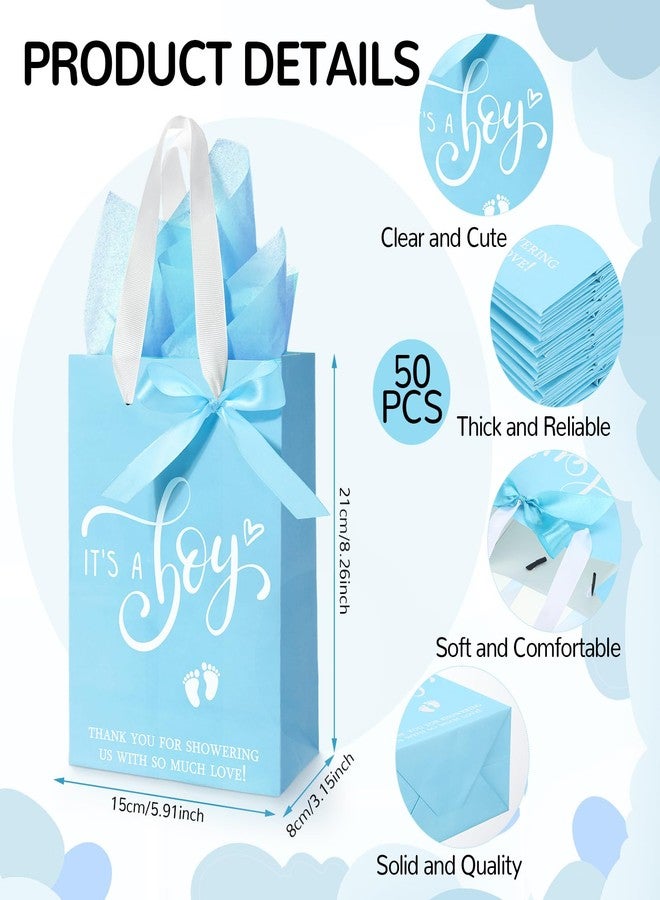 Qilery 50 Sets 8" Baby Shower Favor Bags It's a Boy Gift Bags with Handle Tissue Paper and Ribbon Bow Blue Baby Shower Party Favors for Guests Gender Reveal Birthday Supplies - Image 2